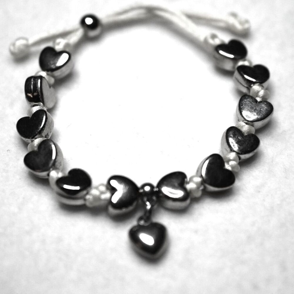 Preppy Classic Silver Tone Heart Charms Cream Cord Adjustable Bracelet